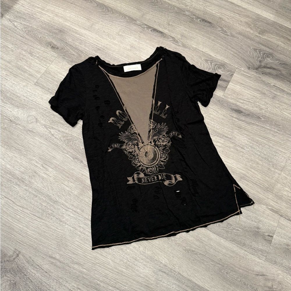 Oober Swank Black Rocker Graphic Women's Top with mesh cleavage